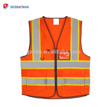 Venta caliente naranja fluorescente 100% poliéster Industrial Hi Vis Workwear Reflective Workplace chaleco de seguridad bolsillos con cremallera al aire libre